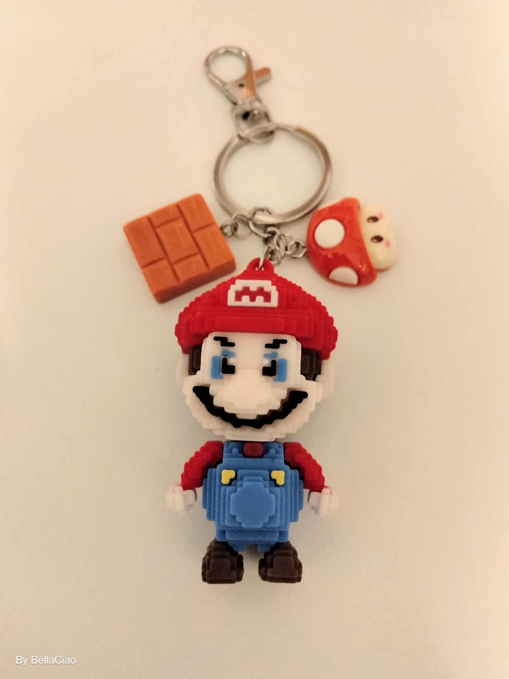 Pixel Character Keychain with Mushroom & Brick Wall Charm